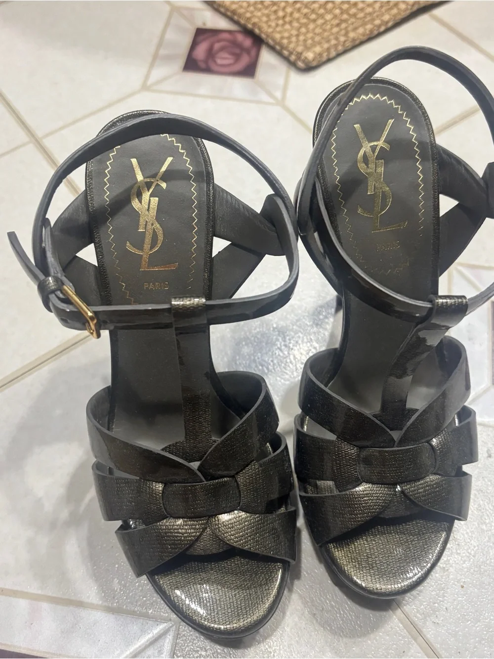 Yves Saint Laurent Metallic Black Strappy Knot Heels
